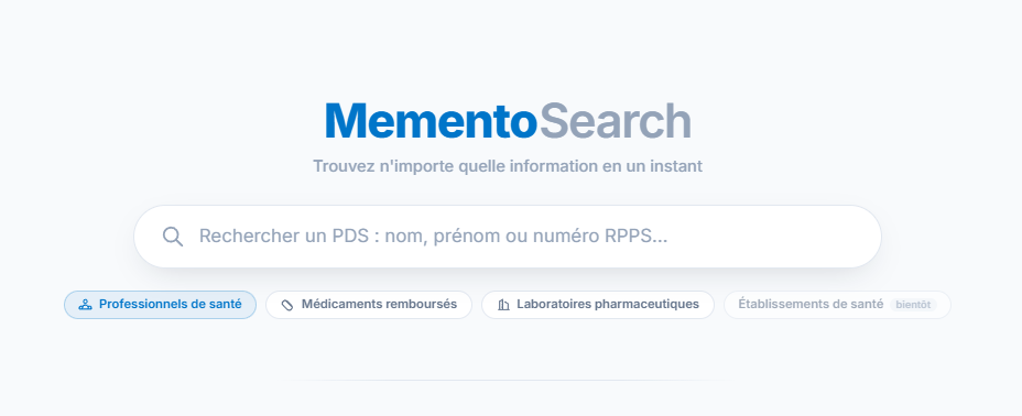 MementoSearch — recherche unifiée professionnels, médicaments et laboratoires